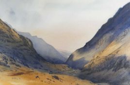 ‡ ROB PIERCY watercolour - expansive scene looking down the Llanberis Pass, signed and dated