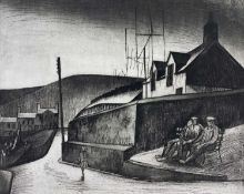 GEORGE CHAPMAN etching - South Wales valley street scene with figures, entitled in pencil 'Old Men