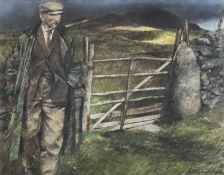 ‡ KEITH BOWEN pastel - smartly dressed farmer beside gate between stone wall leading to