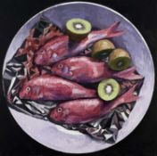 BRYN RICHARDS oil on canvas - entitled 'Red Mullet with Kiwi Fruit', from the artist's 'Bowl
