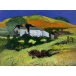 ‡ JOHN ELWYN acrylic on paper - whitewashed farm buildings with cart and figures in foreground,
