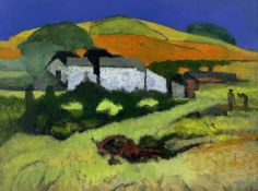 ‡ JOHN ELWYN acrylic on paper - whitewashed farm buildings with cart and figures in foreground,