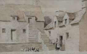 ‡ DAVID COX watercolour with pencil - female figure standing outside stone cottage with hens