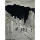 ‡ JOHN KNAPP-FISHER watercolour - figures walking along the pavement at lower town Fishguard, signed