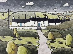 ALAN WILLIAMS acrylic on panel - whitewashed cottages with path, entitled verso 'Long Cottage,
