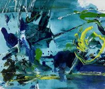 ‡ PRUDENCE WALTERS acrylic on paper - abstract, entitled verso on Attic Gallery label 'Blue Waters