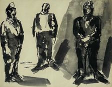 ‡ JOSEF HERMAN OBE RA pen and wash - entitled verso on Martin Tinney Gallery label 'Three Miners'