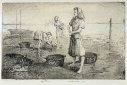 ARTHUR CHARLTON aquatint - female figures on Hartlepool beach collecting washed up coal to sell,