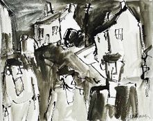 ‡ MIKE JONES crayon and wash on paper - entitled verso 'Figures in Street, Cwmtawe 2',