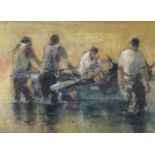 ‡ WILLIAM SELWYN mixed media - four fishermen bringing in their boat at the end of the day, entitled