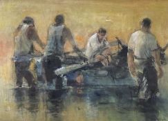 ‡ WILLIAM SELWYN mixed media - four fishermen bringing in their boat at the end of the day, entitled