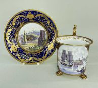 FINE SWANSEA PORCELAIN TOPOGRAPHICAL CABINET CUP & STAND OF TENBY INTEREST, circa 1815-1817, the cup