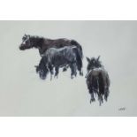 ‡ SIR KYFFIN WILLIAMS RA coloured print - three standing Welsh mountain ponies, signed with