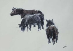 ‡ SIR KYFFIN WILLIAMS RA coloured print - three standing Welsh mountain ponies, signed with