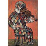 ARTHUR CHARLTON linocut proof no. 1 - seated clown playing a violin, entitled verso 'Boom Boom',