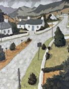 ‡ ALAN WILLIAMS acrylic on board - entitled verso 'Mountain Cottages', signedDimensions: 49 x