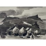 ‡ SIR KYFFIN WILLIAMS RA pen and ink wash - view across headland out to sea with cottage, signed