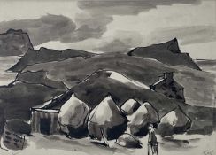 ‡ SIR KYFFIN WILLIAMS RA pen and ink wash - view across headland out to sea with cottage, signed