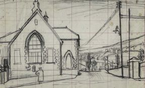 GEORGE CHAPMAN preliminary pencil drawing on gridded paper - South Wales village or town with church
