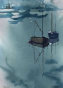 ‡ JOHN MORRIS watercolour - two anchored fishing boats in an estuary, entitled 'Segurdod',