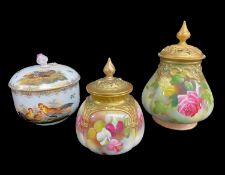TWO ROYAL WORCESTER POT POURRI COVERED VASES & MEISSEN HAUSMALERAI COVERED BOWL, first two of shapes