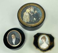 THREE 19TH CENTURY TORTOISESHELL, GILT METAL & MINIATURE MOUNTED SNUFF BOXES, comprising early