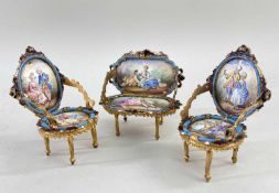 VIENNESE GILT METAL & ENAMEL MINIATURE SALON SUITE, early 20th Century, comprising settee and two