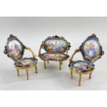 VIENNESE GILT METAL & ENAMEL MINIATURE SALON SUITE, early 20th Century, comprising settee and two