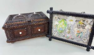 TRAMP ART BOX & FRAME, c. 1900, box chip carved with hinged top and panelled sides ornamented with