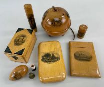 SEVEN MAUCHLINE WARE SEWING ACCESSORIES & OTHER COLLECTIBLES, including egg shaped thimble/thread