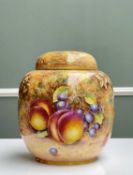 ROYAL WORCESTER FINE BONE CHINA GINGER JAR & COVER, by John Freeman, hand-painted with fallen fruits