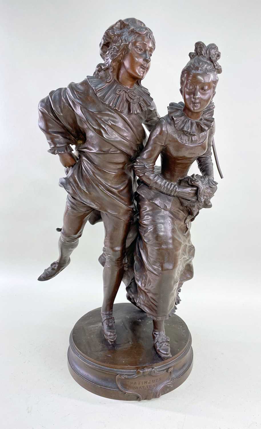 ADRIEN-ETIENNE GAUDEZ bronze - Patineurs Watteau, sculpture of a young belle epoque couple ice