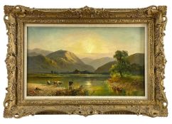 ALFRED DE BREANSKI oil on canvas - cattle watering in a Perthshire landscape at sunset, signed