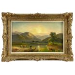 ALFRED DE BREANSKI oil on canvas - cattle watering in a Perthshire landscape at sunset, signed