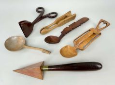 ASSORTED TREEN LOVE SPOONS & UTENSILS, comprising sycamore love spoon with pierced heart finial,