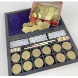 TWO SETS CARD GAMING TOKENS comprising rosewood cased set of 48 one guinea tokens, inscribed '