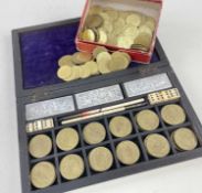 TWO SETS CARD GAMING TOKENS comprising rosewood cased set of 48 one guinea tokens, inscribed '