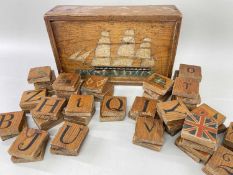 19TH CENTURY SEAMAN'S 'BOX OF LETTERS', sliding cover painted with RN ship of the line, and