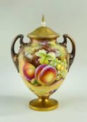 ROYAL WORCESTER FINE BONE CHINA TWIN-HANDLED VASE & COVER, by Brian Leaman, hand-painted with a