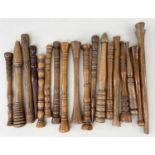 ASSORTED WELSH & OTHER TURNED AND CARVED KNITTING SHEATHS, in fruit wood, and other indigenous