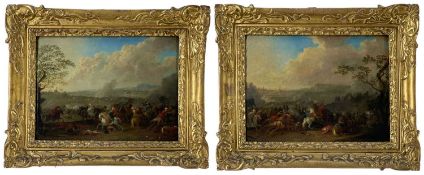 MANNER OF PHILIPS WOUWERMAN oils on panel, a pair - battle scenes with 17th Century Ottoman vs.