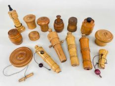 COLLECTION OF TREEN TOYS, mainly fruitwood, including turned yoyo, canon and barrel games (14)