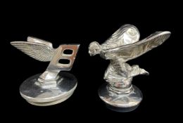 TWO CHROME PLATED RADIATOR MASCOTS, comprising Bentley flying 'B', with incuse stamp EB3601/FC &