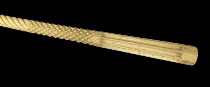 EARLY 19TH CENTURY WHALEBONE WALKING CANE, wrythen carved stem with crosshatched and fluted top,