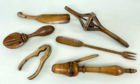 ASSORTED TREEN ITEMS including early 19th century teacher's 'snapper' or 'cricket', child's cage