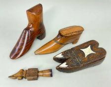 FOUR CARVED TREEN 'SHOES', comprising a bone inlay double clog snuff box, shoe snuff box with