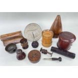 MIXED GROUP OF TREEN & FOLK ART, including large plumber's turnpin, 14cms h, castle tower money box,