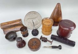 MIXED GROUP OF TREEN & FOLK ART, including large plumber's turnpin, 14cms h, castle tower money box,