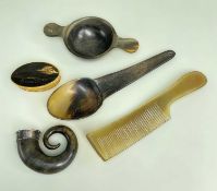 CARVED SHEEP HORN ITEMS, including oval snuff box incised 'William Dixon, Coniston', 6.7cms long,