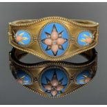 VICTORIAN CORAL, DIAMOND & ENAMEL HINGED BANGLE, the three graduated blue enamel domes set with